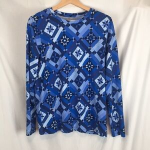 Women's Lands' End Blue Toned Navy Prosperity Quilt Long Sleeved Top Size Medium
